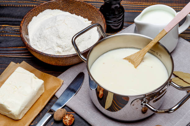 istock bechamel sauce in a pan and ingredients 679505132