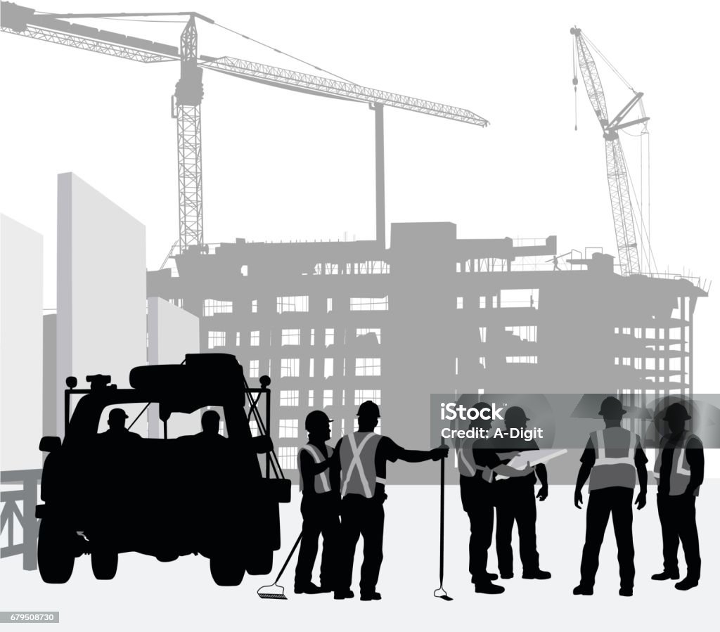 Construction Instruction silhouette illustration of construction workers and work truck with cranes and buildings in the background Construction Site stock vector