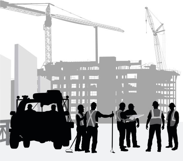 Construction Instruction silhouette illustration of construction workers and work truck with cranes and buildings in the background blueprint silhouettes stock illustrations