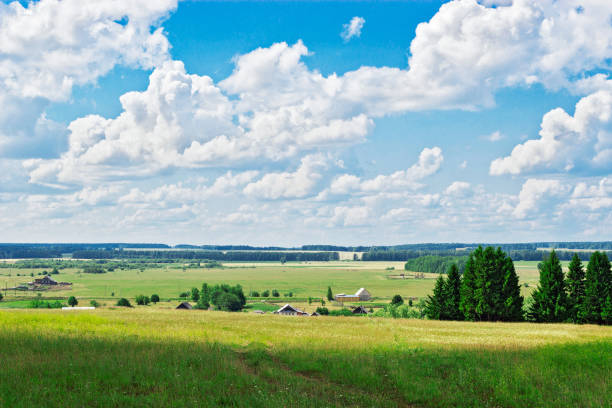 Russian village surrounded by forests and fields at summer day