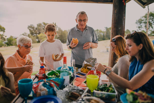 family enjoying a bbq in the park - picnic family barbecue social gathering imagens e fotografias de stock