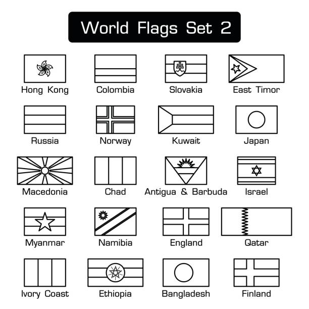 世界のフラグ 2 を設定します。シンプルなスタイル、フラットなデザイン。太い輪郭。黒と白。 - flag of antigua and barbuda点のイラスト素材／クリップアート素材／マンガ素材／アイコン素材