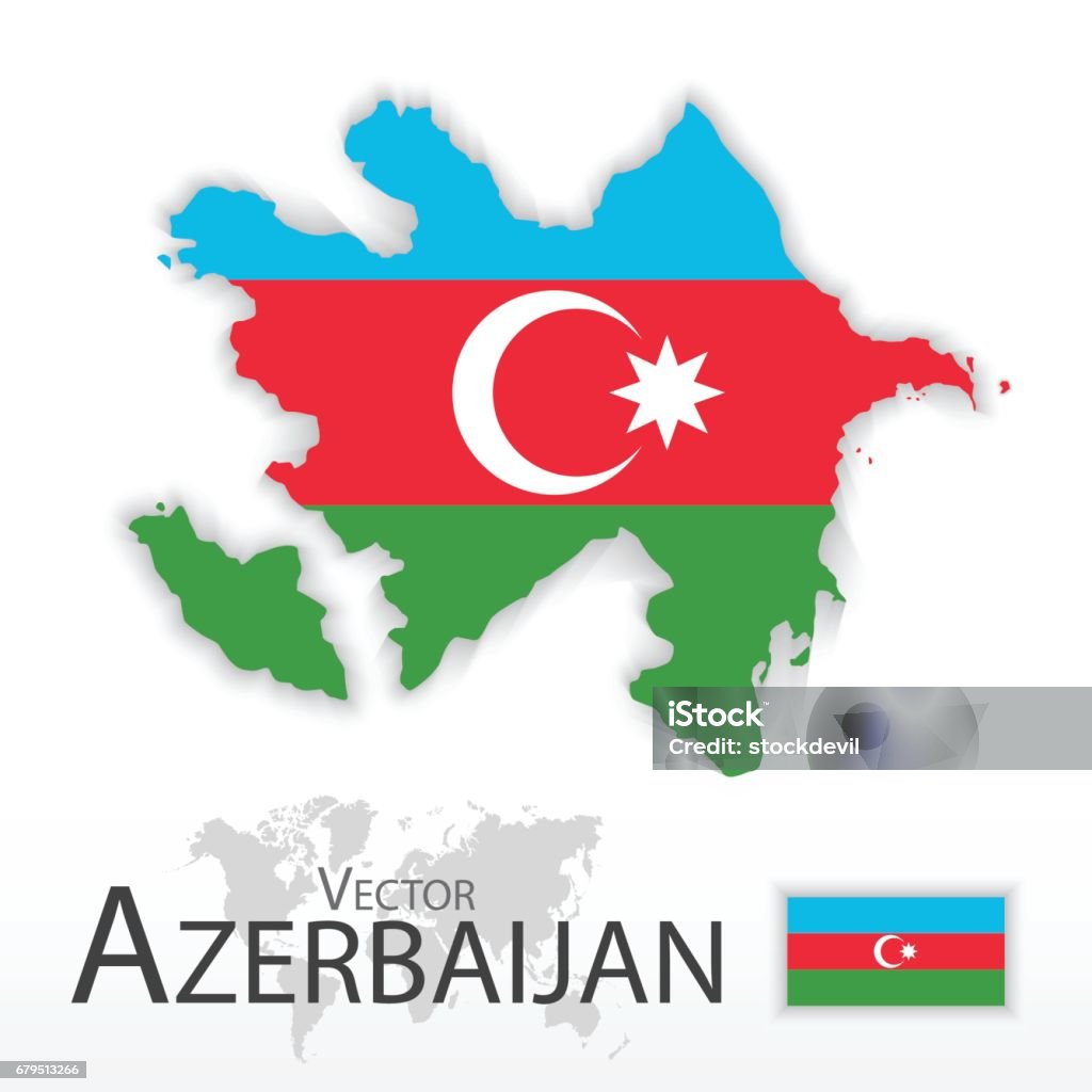 Azerbaijão (República do Azerbaijão) (bandeira e mapa) (conceito de transporte e turismo) - Vetor de Arte royalty-free