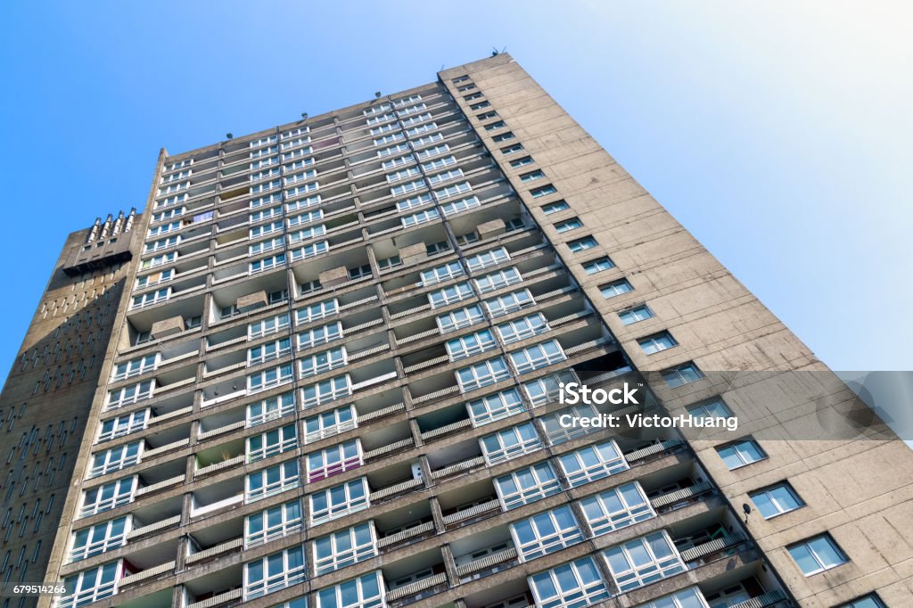 Old council housing block, Balfron Tower, in East London Built in a Brutalist style, Balfron Tower is an old council housing block in East London Apartment Stock Photo