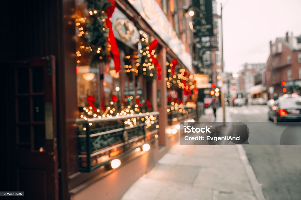 Christmas lights, Christmas decorations on the street blurred background city street with Christmas illuminations. Copy space for your text Christmas Stock Photo