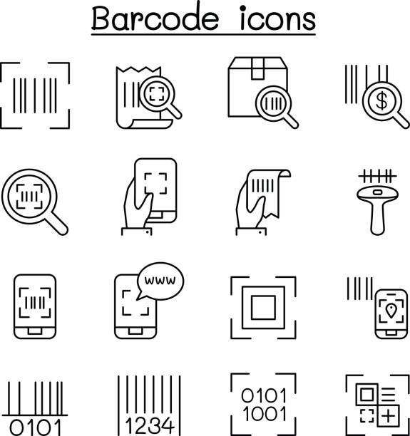 illustrations, cliparts, dessins animés et icônes de icône de lecteur de code à barres & paquet de qr code, scanner, situé dans le style de ligne mince - bar code reader illustrations