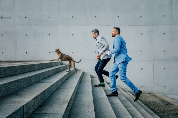 deux hommes d'affaires exécutant vers le haut sur des étapes avec le crabot - success businessman corporate business ecstatic photos et images de collection