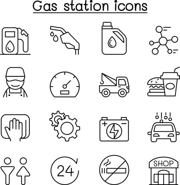 Gas station icon set in thin line style Gas station icon set in thin line style gas pump hand stock illustrations