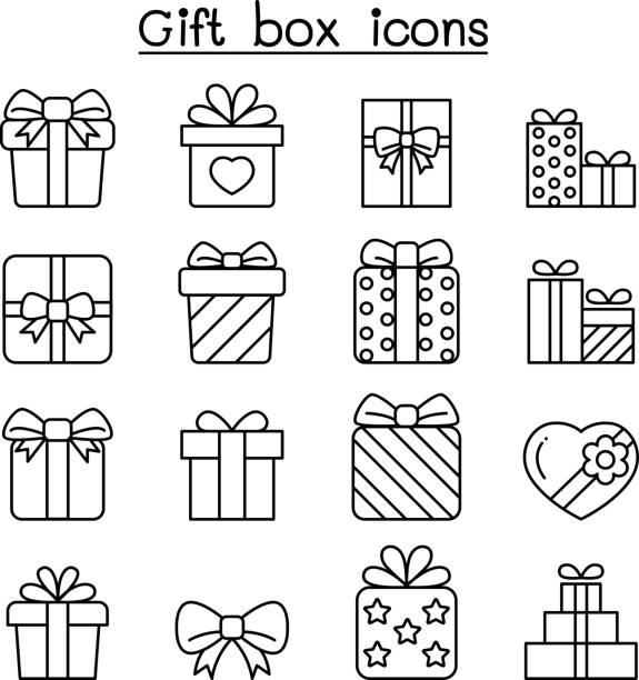 ilustraciones, imágenes clip art, dibujos animados e iconos de stock de icono de cajas de regalo en estilo de línea fina - heart shape christmas paper christmas gift
