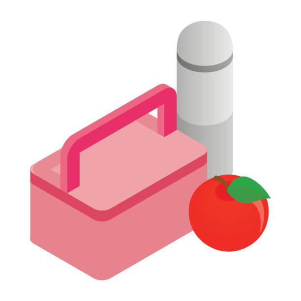 rosa mittagessen, roten apfel und thermoskanne kastenikone - lunch box packed lunch apple symbol stock-grafiken, -clipart, -cartoons und -symbole