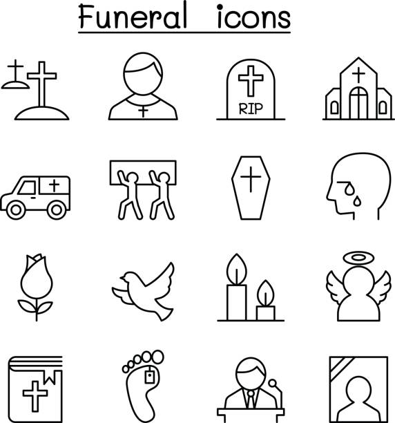 illustrazioni stock, clip art, cartoni animati e icone di tendenza di icona funerale & sepoltura incastonata in stile linea sottile - death icon