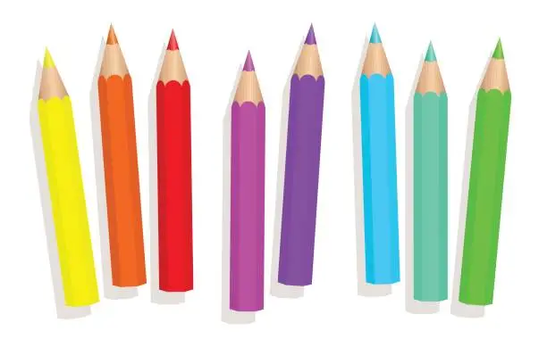Vector illustration of Little baby neon crayons - fluorescent colored short pencils loosely arranged - isolated vector illustration on white background.