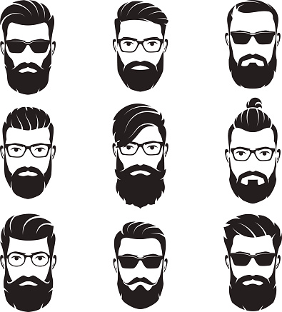 Set of vector bearded men faces hipsters with different haircuts, mustaches, beards. Silhouettes, avatars, heads, emblems, icons labels