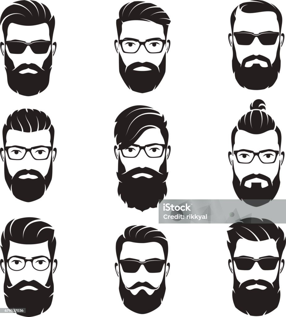 Set of vector bearded men faces hipsters Set of vector bearded men faces hipsters with different haircuts, mustaches, beards. Silhouettes, avatars, heads, emblems, icons labels Beard stock vector