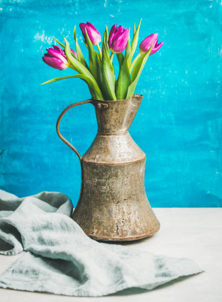 Spring purple tulips in vintage rustic copper jug, bright blue painted background. Women' s day greeting card concept