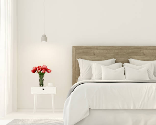 bedroom in white color - showcase interior inside of domestic room indoors imagens e fotografias de stock