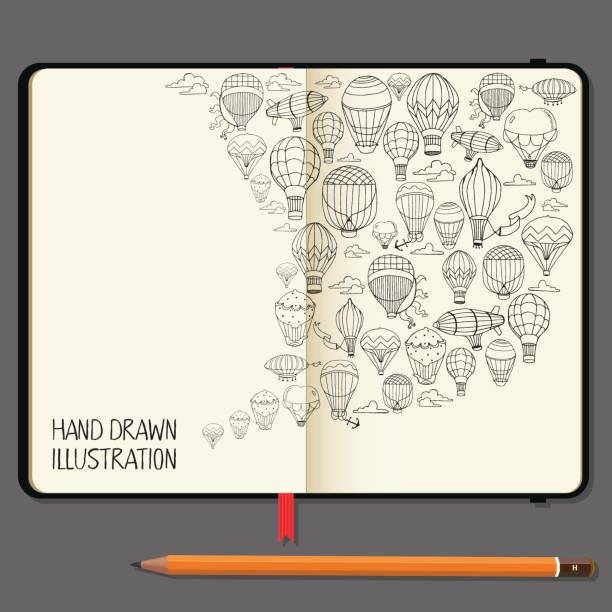 Vector Notebooks with Pencil and Hand Drawn Doodles. Different Hot Air Balloons Elements. Travel and Recreation Time Concept. Vector Notebooks with Pencil and Hand Drawn Doodles. Different Hot Air Balloons Elements. Travel and Recreation Time Concept. balloon drawings stock illustrations