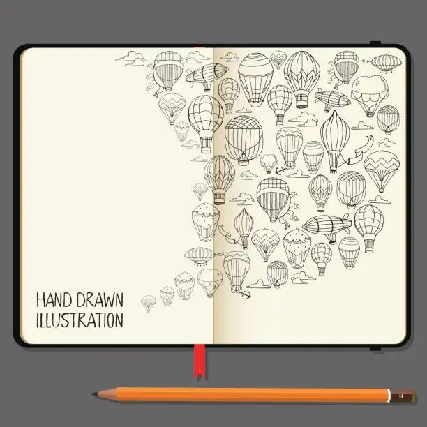 Vector illustration of Vector Notebooks with Pencil and Hand Drawn Doodles. Different Hot Air Balloons Elements. Travel and Recreation Time Concept.