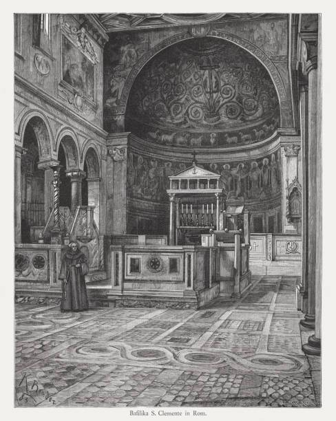 Basilica of Saint Clement, Rome, Italy, wood engraving, published 1884 Basilica of San Clemente al Laterano, interior, Rome, Italy, built 12th century. Wood engraving, published in 1884. black and white travel travel destinations monk stock illustrations