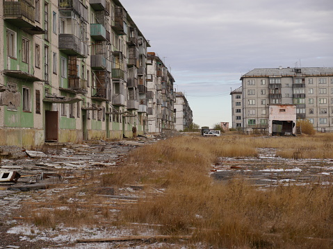 Cairo, West Virginia, USA - March 20, 2023: The ruins of the abandoned former Cairo High School on a sunny day.