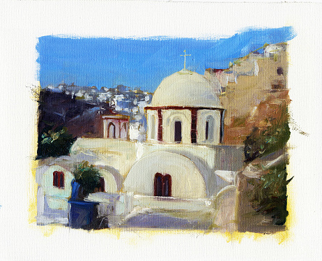 Small churches of Santorini handmade oil painting