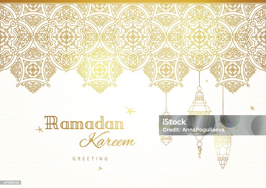 Ornate vector banner for Ramadan wishing. Ornate vector banner, vintage lanterns for Ramadan wishing. Arabic shining lamps. Outline golden decor in Eastern style. Islamic background.Ramadan Kareem greeting card, advertising, discount, poster. Ramadan stock vector