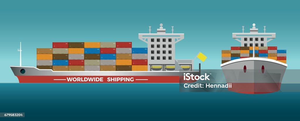 Laden container ship Laden container ship. Front view and side view. Front View stock vector