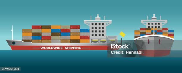 Laden Container Ship Stock Illustration - Download Image Now - Front View, Nautical Vessel, Container Ship