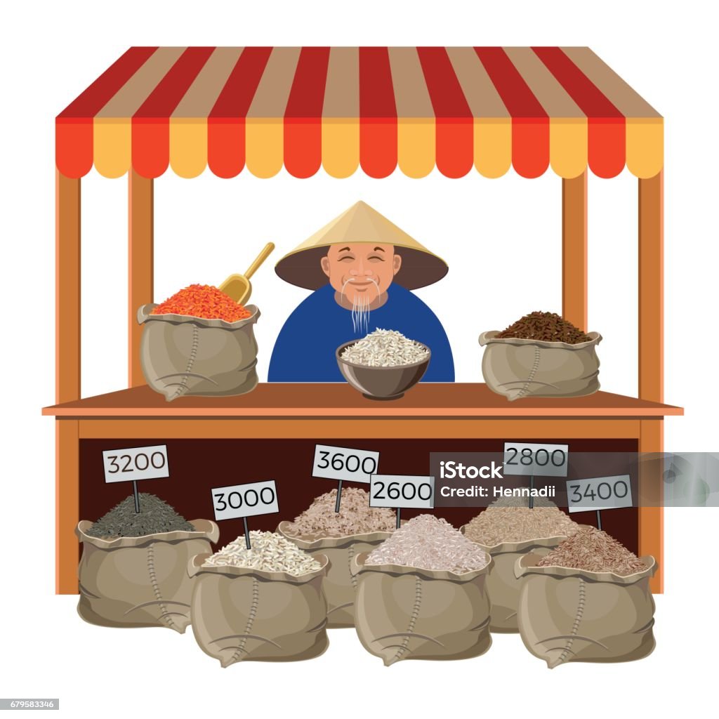 Selling Chicken Rice Cartoon Farmer Selling Rice Stock Illustration - Download Image Now - Rice ...