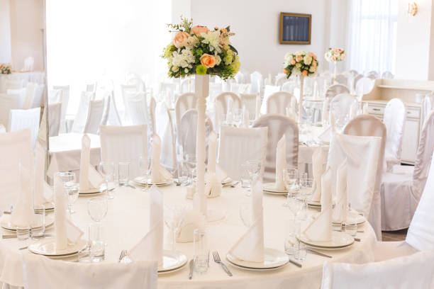 istock Glasses on the festive table setting. Wedding table decor. Table setting in classic style, setout, layout 679586638