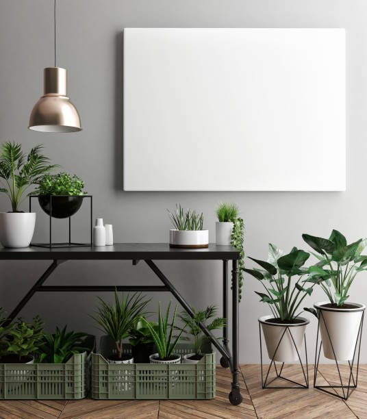 Interior poster mock-up with empty  frame and plants in the room