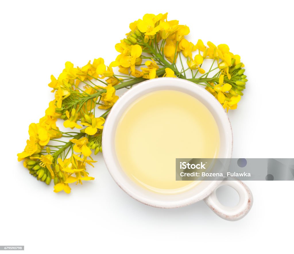 Rapeseed Oil and Flowers Isolated on White Background Rapeseed oil with rape flowers isolated on white background. Top view Canola Stock Photo