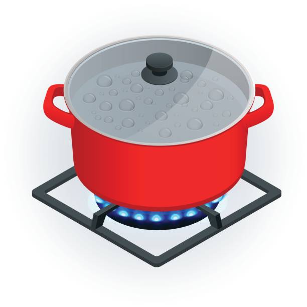 ilustrações de stock, clip art, desenhos animados e ícones de isometric a pot on a gas cooker on a white background. - natural gas gas burner flame