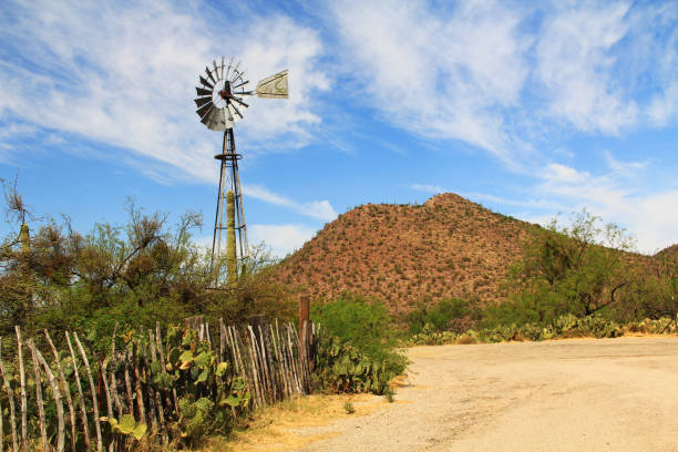 Windmill, mountain and butterfly garden along a fence on the La Posta Quemada Ranch with copy space in Colossal Cave Mountain Park in Vail, Arizona, USA near Tucson.