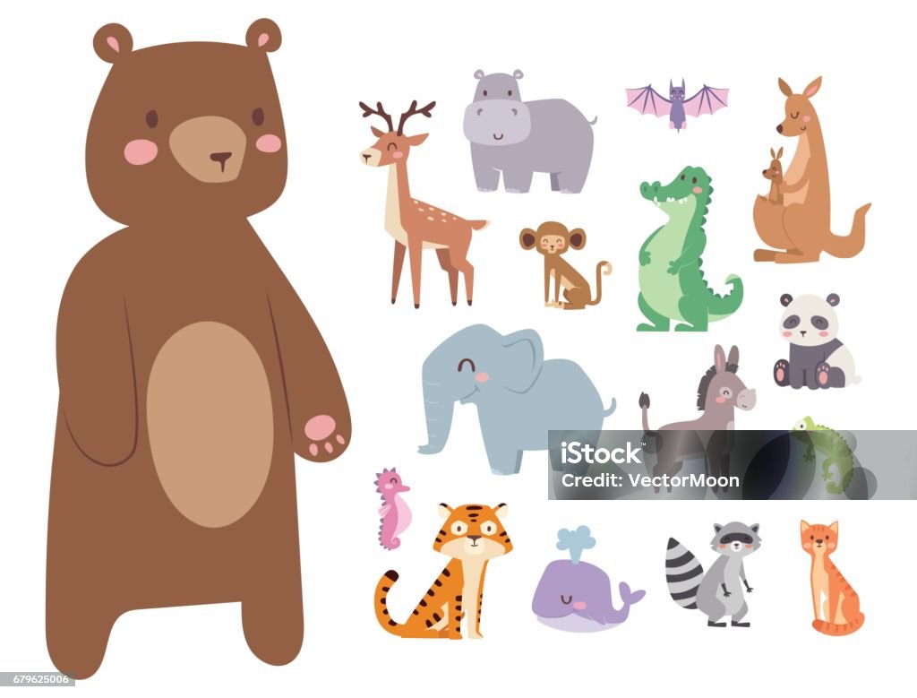 Cute zoo cartoon animals isolated funny wildlife learn cute language and tropical nature safari mammal jungle tall characters vector illustration Cute zoo cartoon animals isolated funny wildlife learn cute language and tropical nature safari mammal jungle tall characters vector illustration. Nature wild study africa savanna. Hippopotamus stock vector