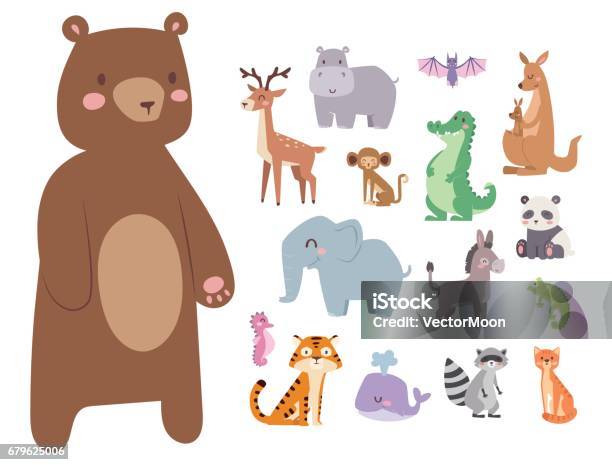 Cute Zoo Cartoon Animals Isolated Funny Wildlife Learn Cute Language And Tropical Nature Safari Mammal Jungle Tall Characters Vector Illustration Stock Illustration - Download Image Now