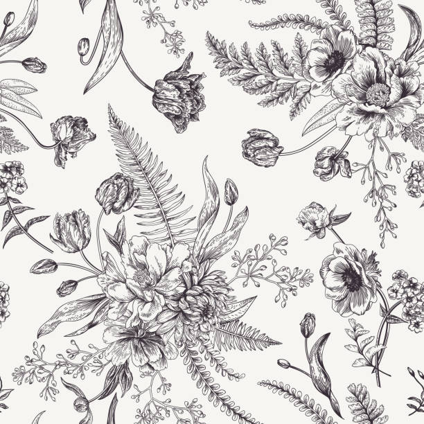 Seamless floral pattern  with spring flowers. Seamless floral pattern with bouquets of spring flowers. Black and white vector illustration. Vintage background. Engraving. Peony, ferns, tulips, anemones, eucalyptus seeds. bouquet backgrounds spring tulip stock illustrations