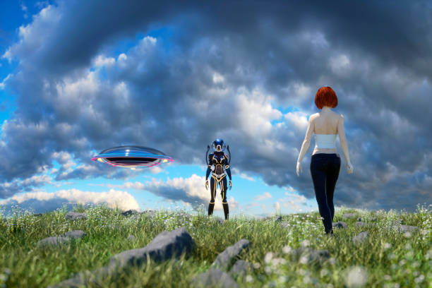 istock Woman and alien contact 679642370
