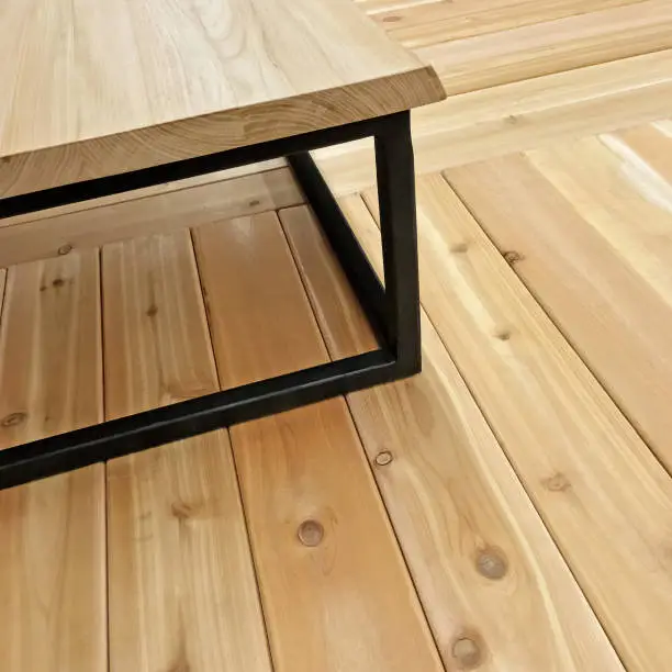 Simple table on wooden floor. Modern style furniture.