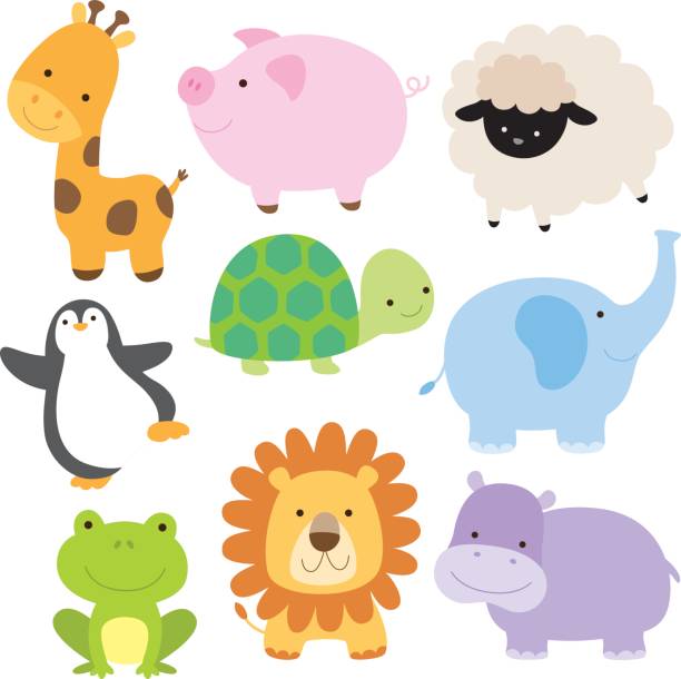 Cute Baby Animal Vector illustration of cute baby animal including giraffe, pig, turtle, sheep, penguin, elephant, frog, lion and hippo. farm cartoon animal child stock illustrations