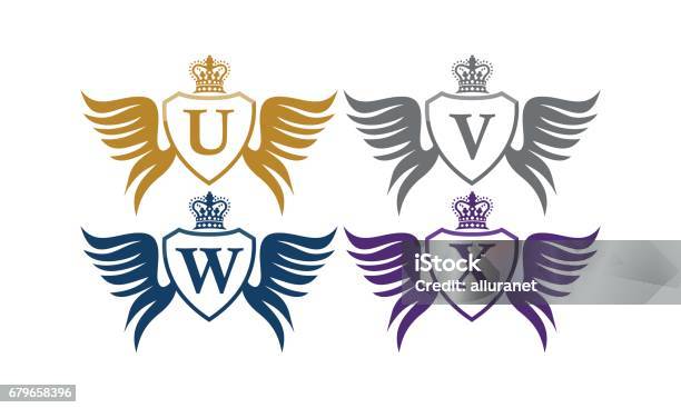 Shield Wing Crown Initial U V W X Stock Illustration - Download Image Now - Abstract, Antique, Arts Culture and Entertainment