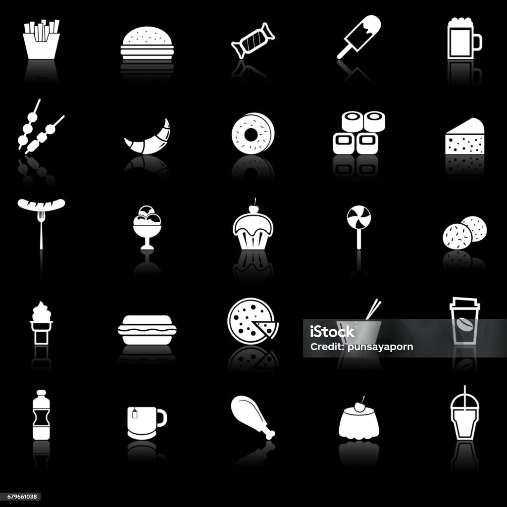 Fast Food Icons With Reflect On Black Background Stock Illustration