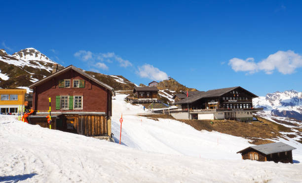 istock Restaurant and resort building with snow Jungfrau mountain 679662100