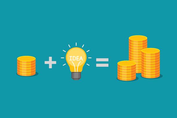geld plus idee ist gleich profitieren - currency heap ideas business stock-grafiken, -clipart, -cartoons und -symbole