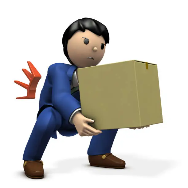 With a heavy luggage, he got into a cranky back. 3D illustration