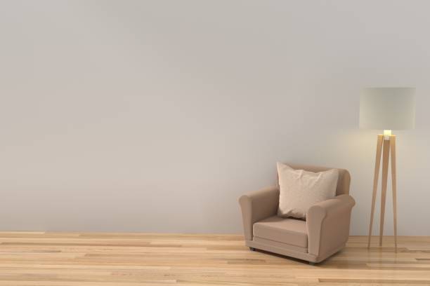 istock brown sofa with yellow light from lamp in empty white room design interior in 3D rendering 679694110