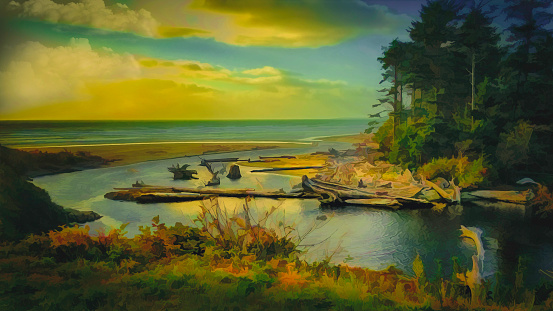 Digital painting of quiet Pacific backwater in autumn.