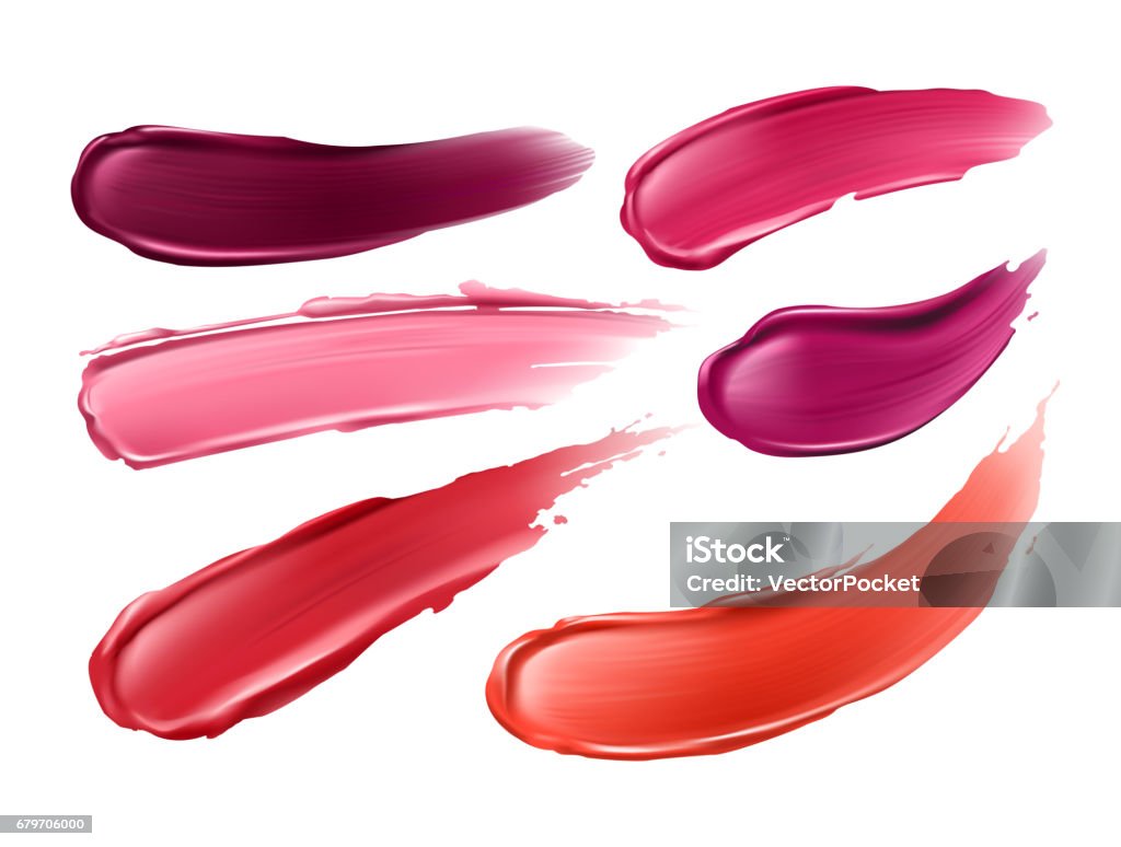 Vector collection of strokes of lipsticks of various colors isolated on white. Vector illustration of a collection of strokes of lipsticks various colors isolated on white. Elements of the design of advertising posters, leaflets for the promotion of decorative cosmetics Make-Up stock vector