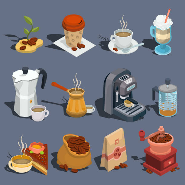 illustrazioni stock, clip art, cartoni animati e icone di tendenza di set di icone del caffè isometrico vettoriale, adesivi, stampe, elementi di design - coffee coffee bean coffee grinder cup