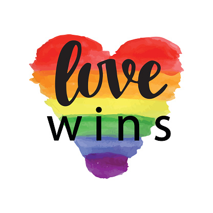 Love wins. Pride slogan. Gay rights concept. Vector hand lettering on bright watercolor rainbow heart, homosexuality emblem. Banner, poster, placard, invitation card typographic design